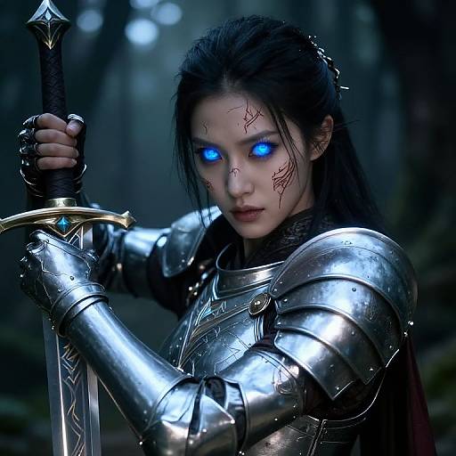 Digital fantasy artwork of a fierce female warrior with glowing blue eyes, black hair, and scarred face, holding a sword in a dark forest. She