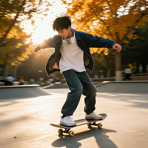 Photograph of an Asian teenage boy in a white t-shirt, black jacket, and blue jeans skateboarding in a sunlit park with autumn trees.