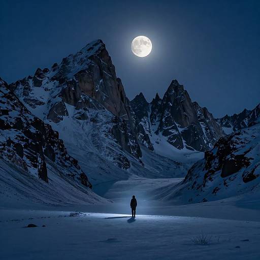 Photograph of a lone figure standing in a snowy mountain valley under a bright full moon, casting a blue glow over the rugged, snow-covered peaks.