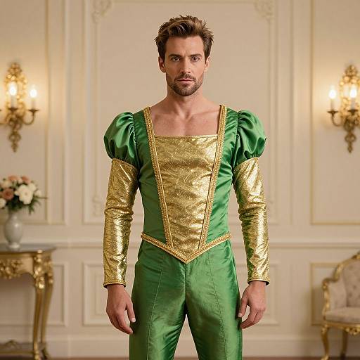 Photograph of a handsome, bearded man in a green and gold medieval-style costume with puffed sleeves, standing in an elegant, ornate room