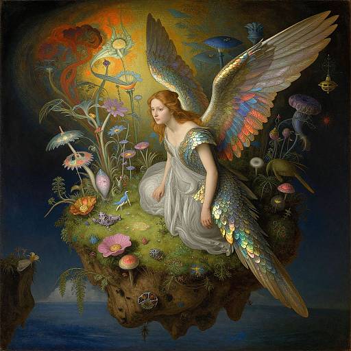 Digital painting of a winged angel with shimmering feathers, wearing a flowing white dress, sitting on a floating island surrounded by vibrant, glowing flowers and