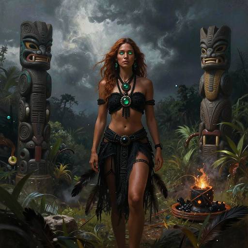 Digital artwork of a fierce, green-eyed warrior woman with long red hair, black tribal attire, and green pendant, standing between two stone totems in