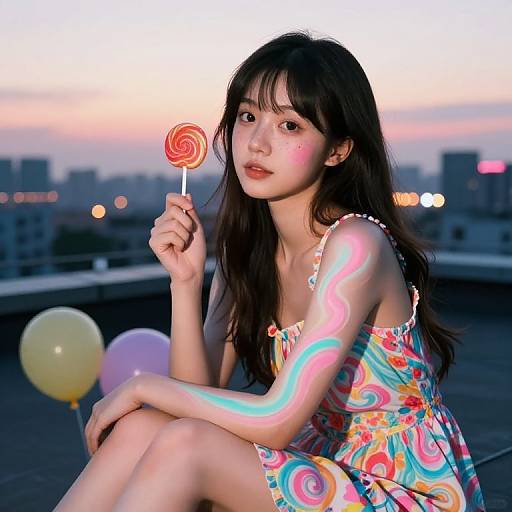 Photograph of an Asian woman with long black hair, wearing a colorful, floral dress, holding a pink lollipop, sitting on a rooftop at sunset