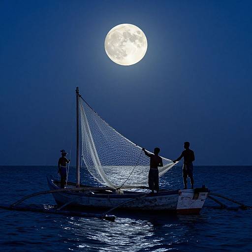 Photograph of silhouetted fishermen adjusting a net on a small boat under a bright full moon, against a deep blue ocean and sky.