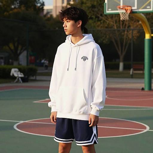 Photograph of a young man with short, dark hair, wearing a white hoodie and navy shorts, standing on an outdoor basketball court, with a hoop