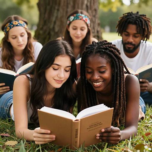 Sunlit Group Reading Under a Tree