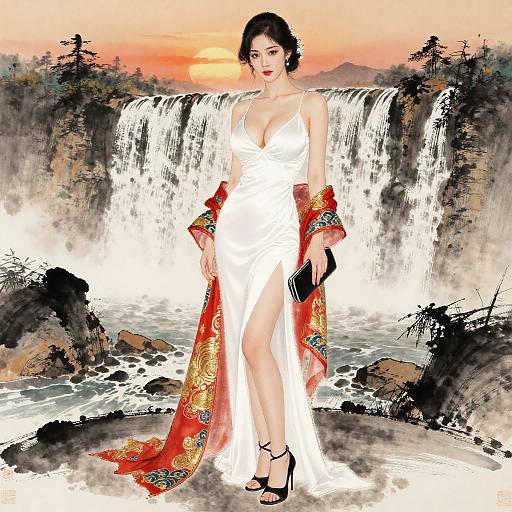 Elegant Asian Woman at Waterfall Sunset
