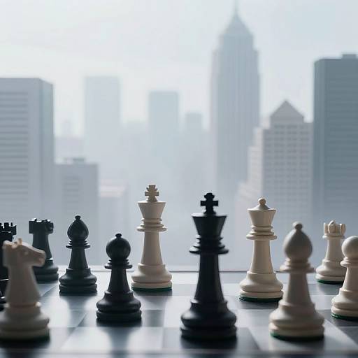 Photograph of black and white chess pieces on a board, with a blurred city skyline in the bright background.