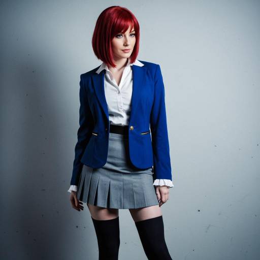Cosplay Woman in Blue Blazer and Gray Skirt