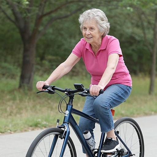 Photograph of an elderly woman with short gray hair, wearing a pink polo and blue jeans, riding a black bicycle on a paved path in a green