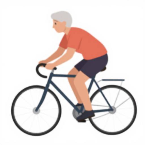 Digital illustration of an elderly man with white hair, wearing a red shirt, black shorts, and black shoes, riding a black bicycle.