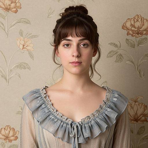 Photograph of a young woman with fair skin, brown hair in a bun, wearing a blue, ruffled, sheer blouse, against a floral-pattern