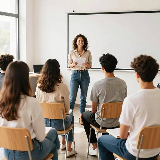 Smiling Lecturer in a Bright Classroom