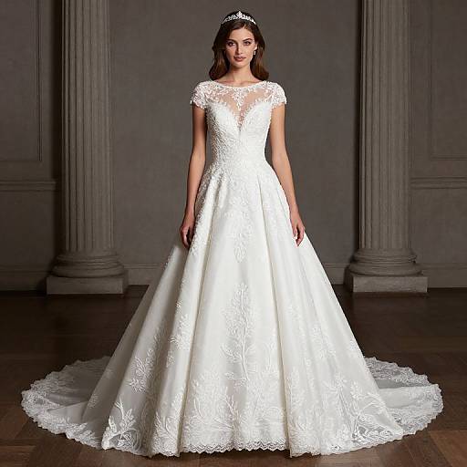 Photograph of a brunette woman wearing a white, lace-trimmed, ball-gown wedding dress with a floral pattern, standing in a classical,