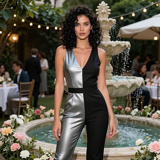 Photograph of a curly-haired woman in a black-and-silver one-shoulder jumpsuit, standing in front of a decorative fountain at an outdoor