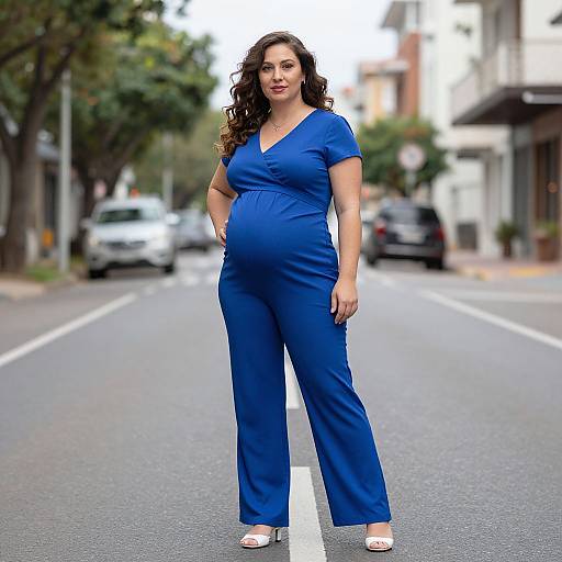 Photograph of a pregnant woman with curly brown hair, wearing a blue V-neck jumpsuit and white heels, standing on a blurred urban street.