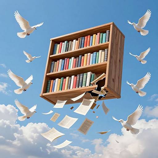 Photograph of a wooden bookshelf with colorful books floating in the sky, surrounded by flying white doves and scattered papers.