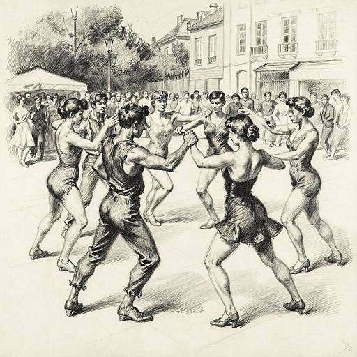 Black-and-white sketch of a lively dance performance in an outdoor urban setting, featuring four dancers in mid-motion, surrounded by a cheering crowd.