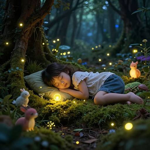 Photograph: Sleeping Asian child in white dress, surrounded by glowing fairy lights, forest creatures, and mushrooms, on mossy forest floor.