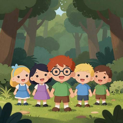 Five Kids Exploring Lush Forest