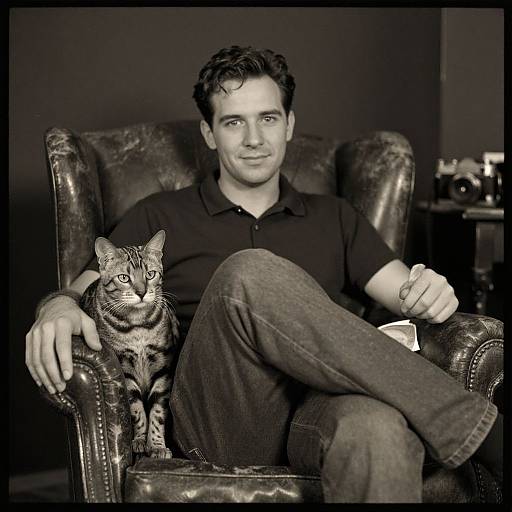 Black and white photograph of a smiling man with short dark hair, wearing a black polo and jeans, sitting in a leather armchair, with a curious