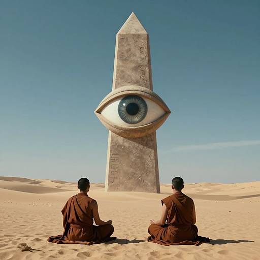 Monks Meditating in Desert Facing Obelisk with Giant Eye