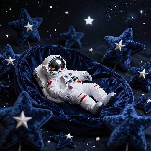 Photograph of a white astronaut suit with a reflective helmet, lying in a navy blue star-shaped hammock, surrounded by plush blue stars and twinkling
