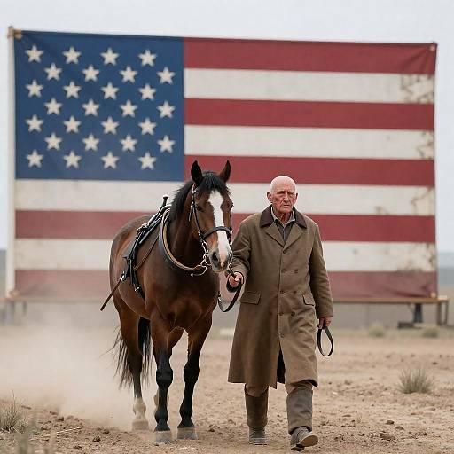 Elderly Man Leading Horse on Barren Ground