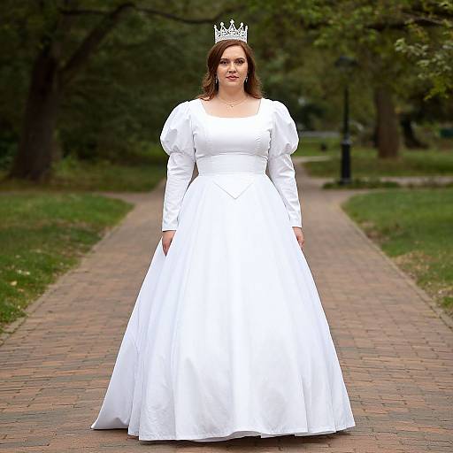 Photograph of a fair-skinned woman with brown hair, wearing a white long-sleeved, full-skirted wedding dress, silver tiara