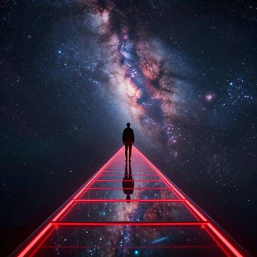 Silhouetted figure stands on neon red geometric runway, gazing at the Milky Way galaxy, creating a cosmic, futuristic scene.