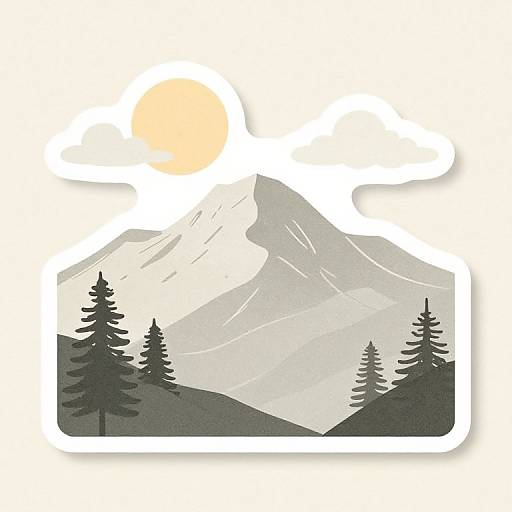 Minimalist digital illustration of a snow-capped mountain with dark evergreen trees, a bright yellow sun, and a white sky background.