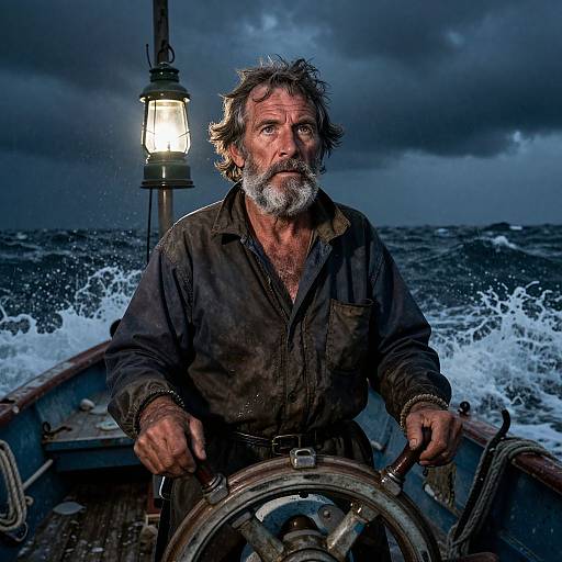 Photograph of a rugged, bearded old man with messy hair, wearing a dirty black shirt, steering a boat under a stormy night sky with