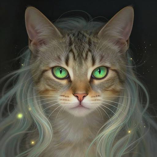 Photorealistic digital portrait of a tabby cat with striking green eyes, long wavy silver fur, and glowing fireflies against a dark background.
