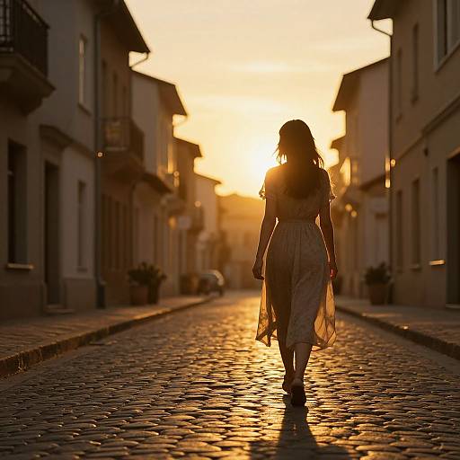 Silhouetted woman in flowing dress walks down cobblestone street at golden sunset, city buildings on either side, photograph.