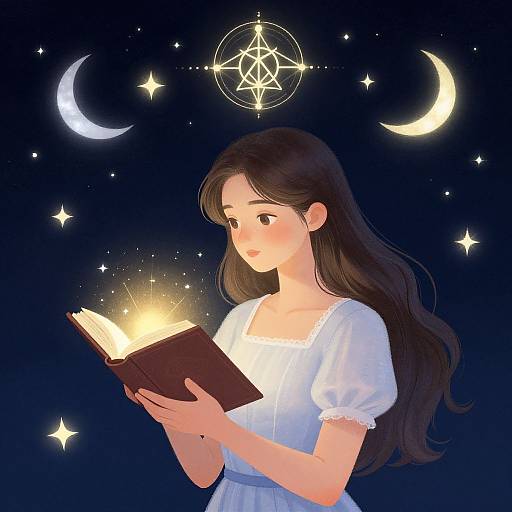 Digital illustration of a young woman with long black hair, wearing a white dress, reading a glowing book under a starry night sky with crescent moons