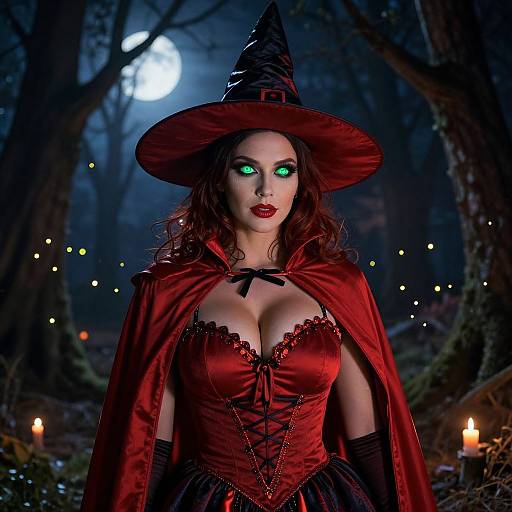 Photograph-style digital art of a sexy witch with glowing green eyes, red corset, cape, and hat, standing in a moonlit forest with