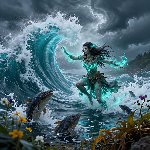 Digital fantasy artwork of a dark-haired woman in glowing turquoise armor, summoning water magic amidst a crashing wave, with dolphins in the foreground. Stormy
