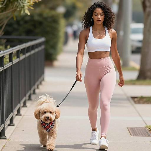 Fit Woman Walking Dog on Sunny Sidewalk