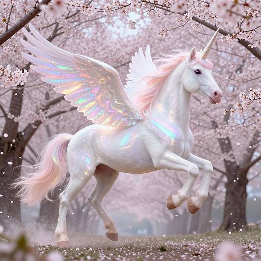 Digital artwork of a radiant white unicorn with iridescent wings and a glowing horn, galloping through a pink cherry blossom forest.