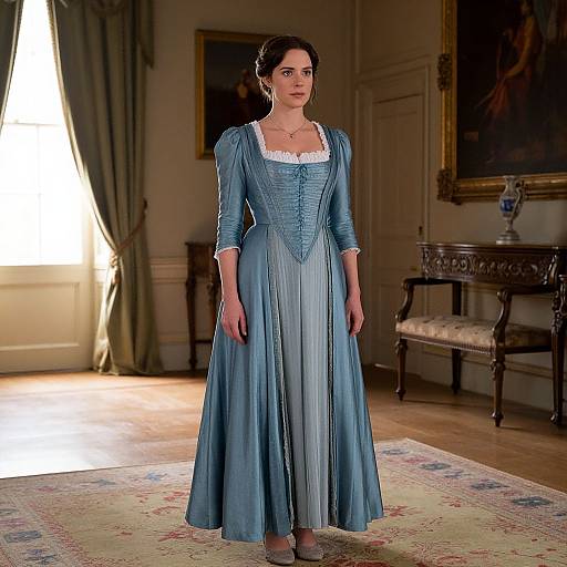 Photograph of a fair-skinned woman with dark hair in a Victorian-style blue dress with white lace trim, standing in a dimly lit, elegant