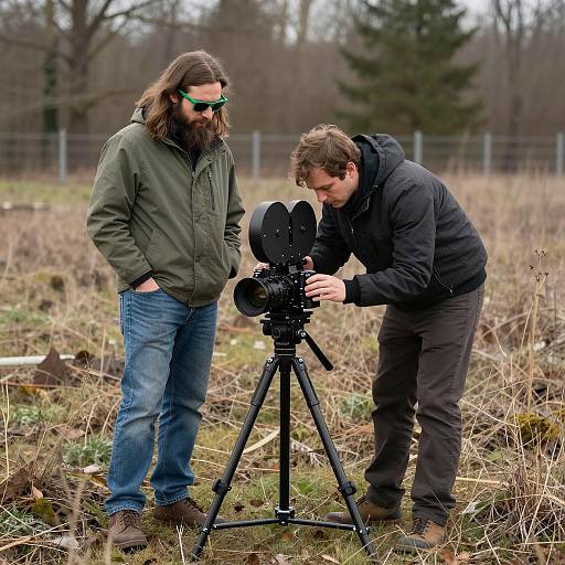 Two Men Operating Film Camera Outdoors