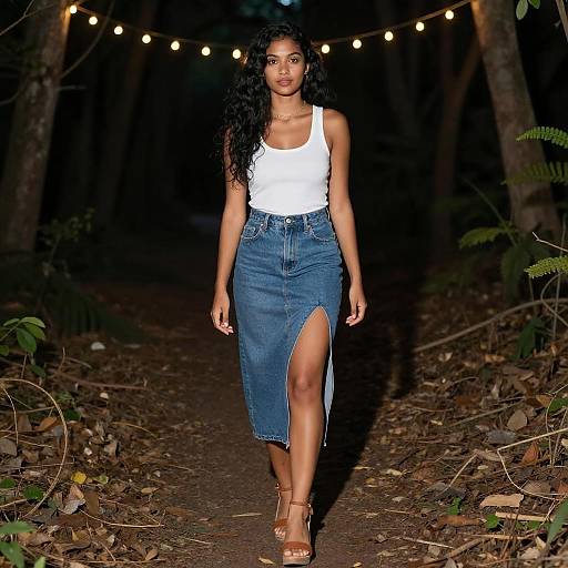 Stylish Woman Walking Night Forest Path