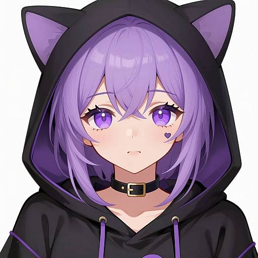 Anime-style digital drawing of a purple-eyed girl with lavender hair, wearing a black cat-ear hoodie and choker, against a white background.