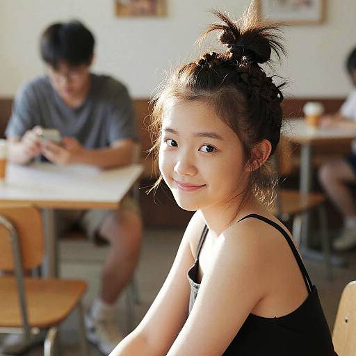 Photograph of an Asian teenage girl with black hair in a messy bun, wearing a black tank top, sitting in a sunlit café, smiling at