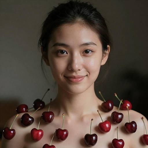 Cherries Covering Her Luminous Portrait