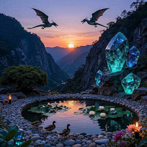 Fantastical sunset over a mountain valley with glowing blue crystals, two flying dragons, a serene pond with lilies, and a duck. Digital art