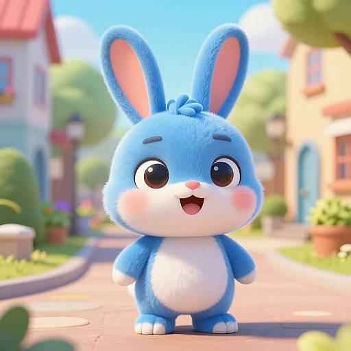 Cute CGI blue bunny with pink ears, white belly, and big eyes stands on a sunny, colorful village street.