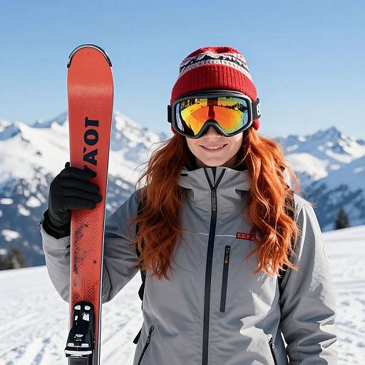 Photograph of a smiling red-haired woman in ski gear, holding red K2 skis, wearing goggles and red knit hat, against a snowy mountain