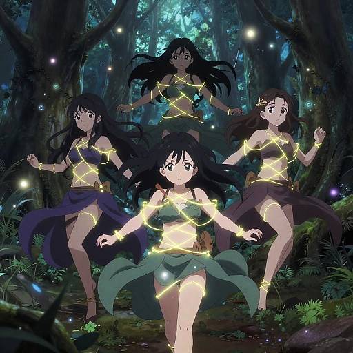 Anime Girls with Glowing Magical Bindings in Mystic Forest