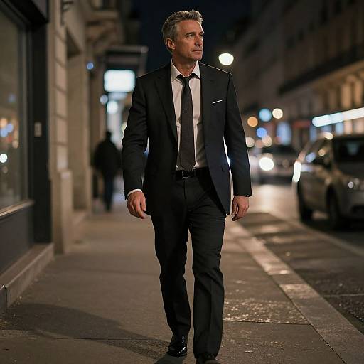 Photograph of a tall, handsome man in a black suit, white shirt, and black tie, walking on a nighttime urban street.